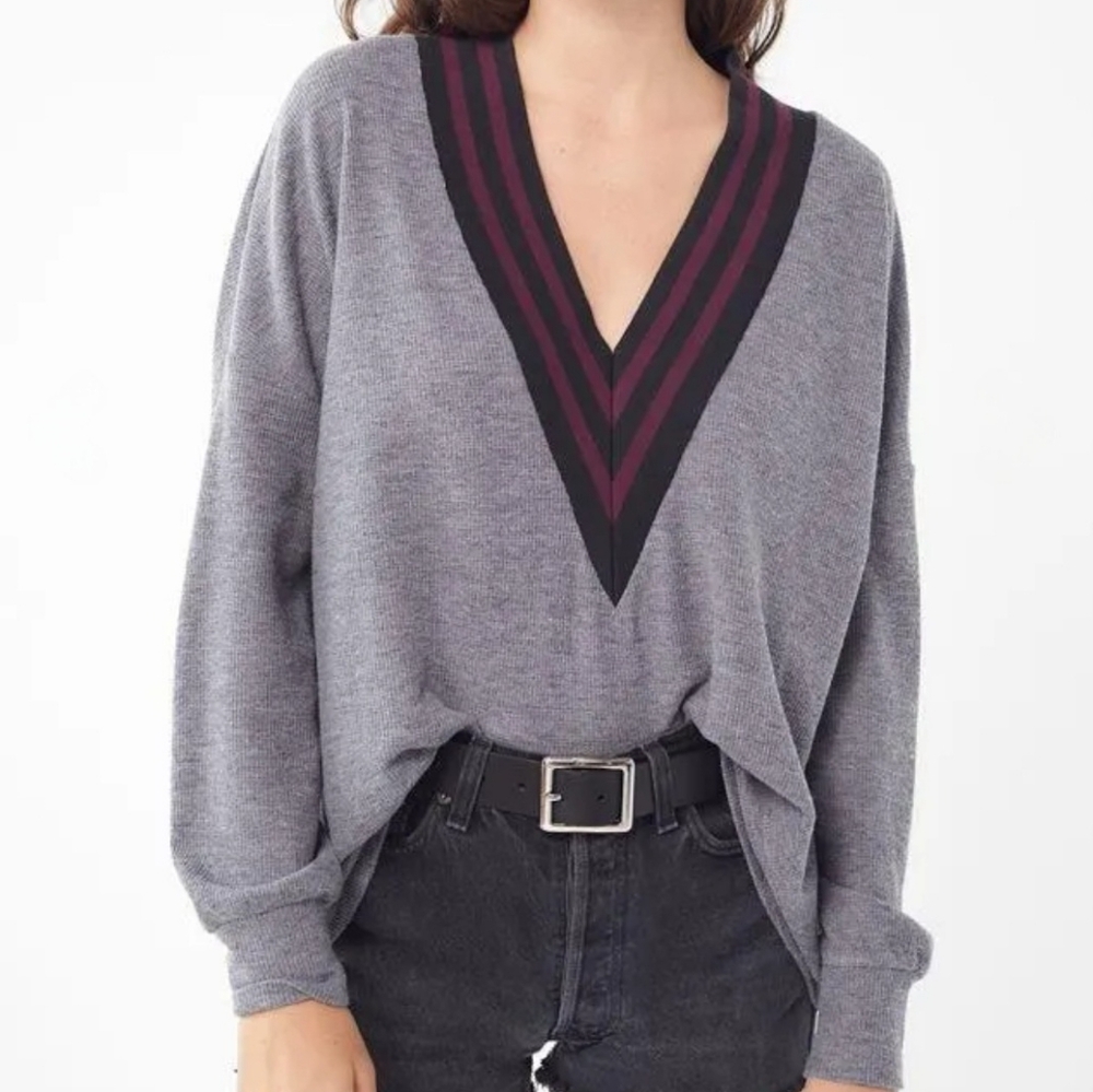 Urban Outfitters Vivi Oversized V-Neck Varsity Sweater Crop Gray Maroon S